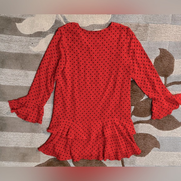 Vtg Diane Von Furstenberg Long Sleeve Two Ruffle Red/Black Dot Mini Shift Dress - Picture 4 of 5